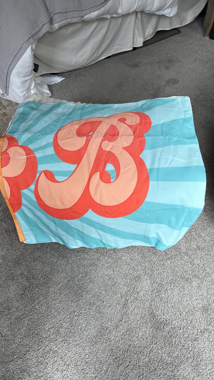 Customer photo review of Personalized Retro Beach Towel: Groovy Custom Name Bath Towel