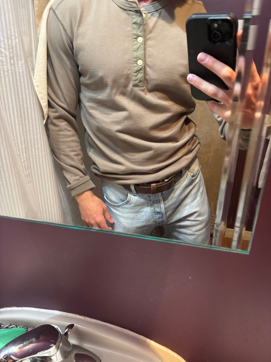 Customer photo review of Vintage Long Sleeve Henley Shirt - Light Olive