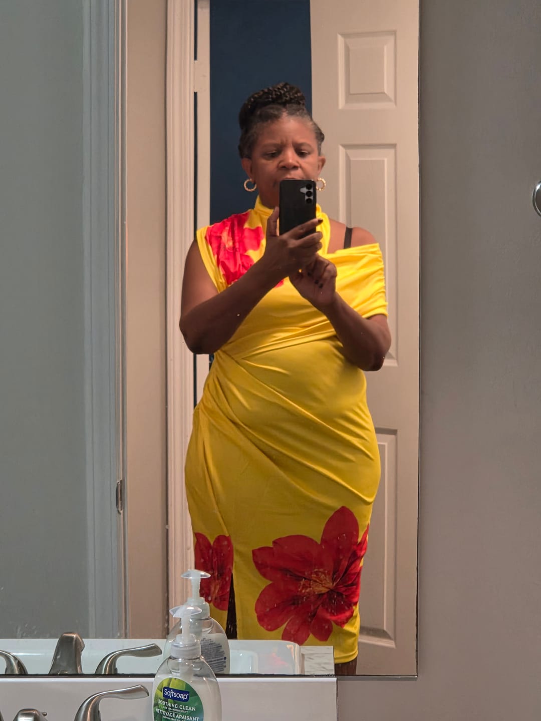 Customer photo review of Elegant Large Flowers One-shoulder Draped Asymmetrical Midi Dress