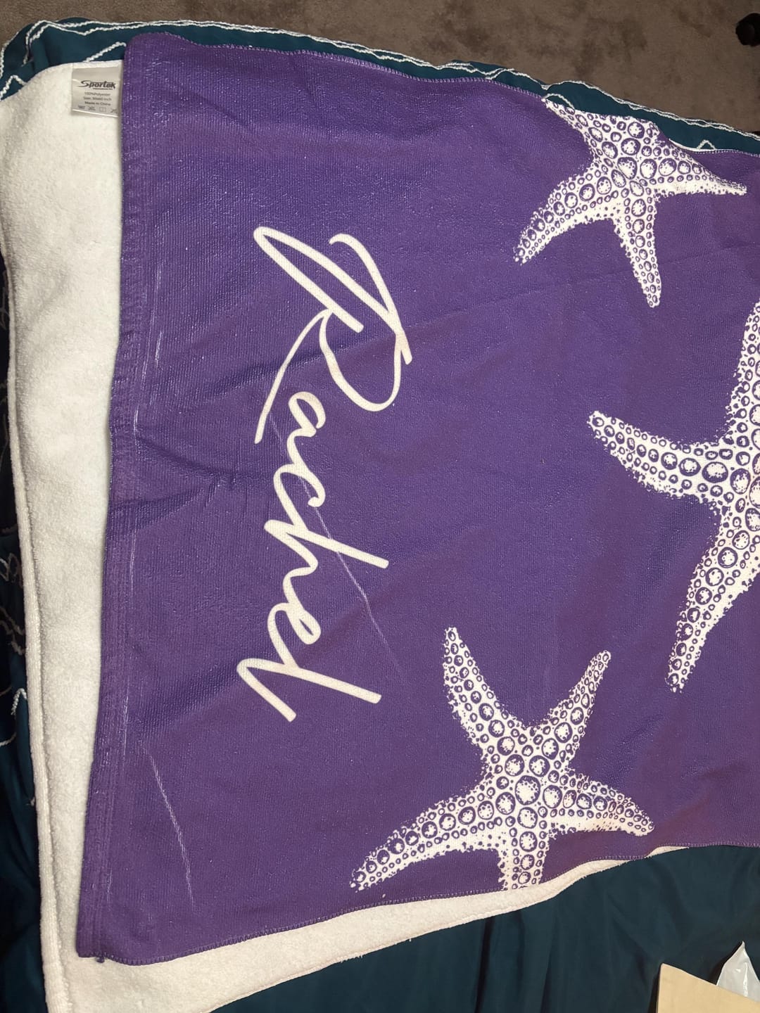 Customer photo review of Personalized Starfish Beach Towel: Custom Name, Vacation Gift