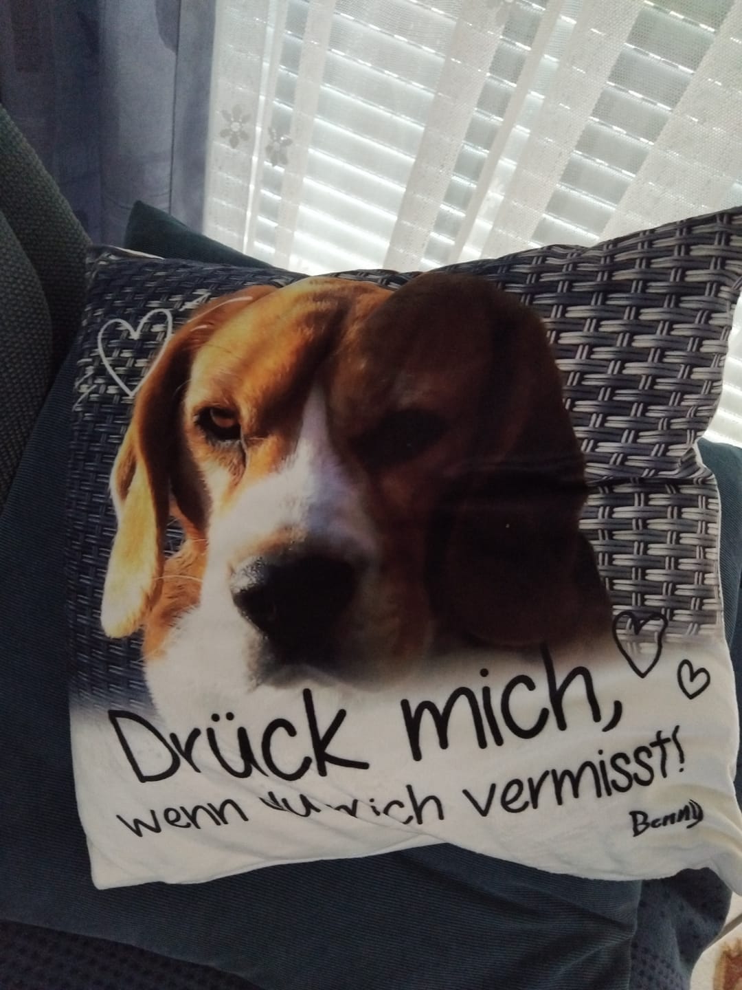 Customer photo review of Personalisiertes Kissen - Drück mich, wenn du mich vermisst