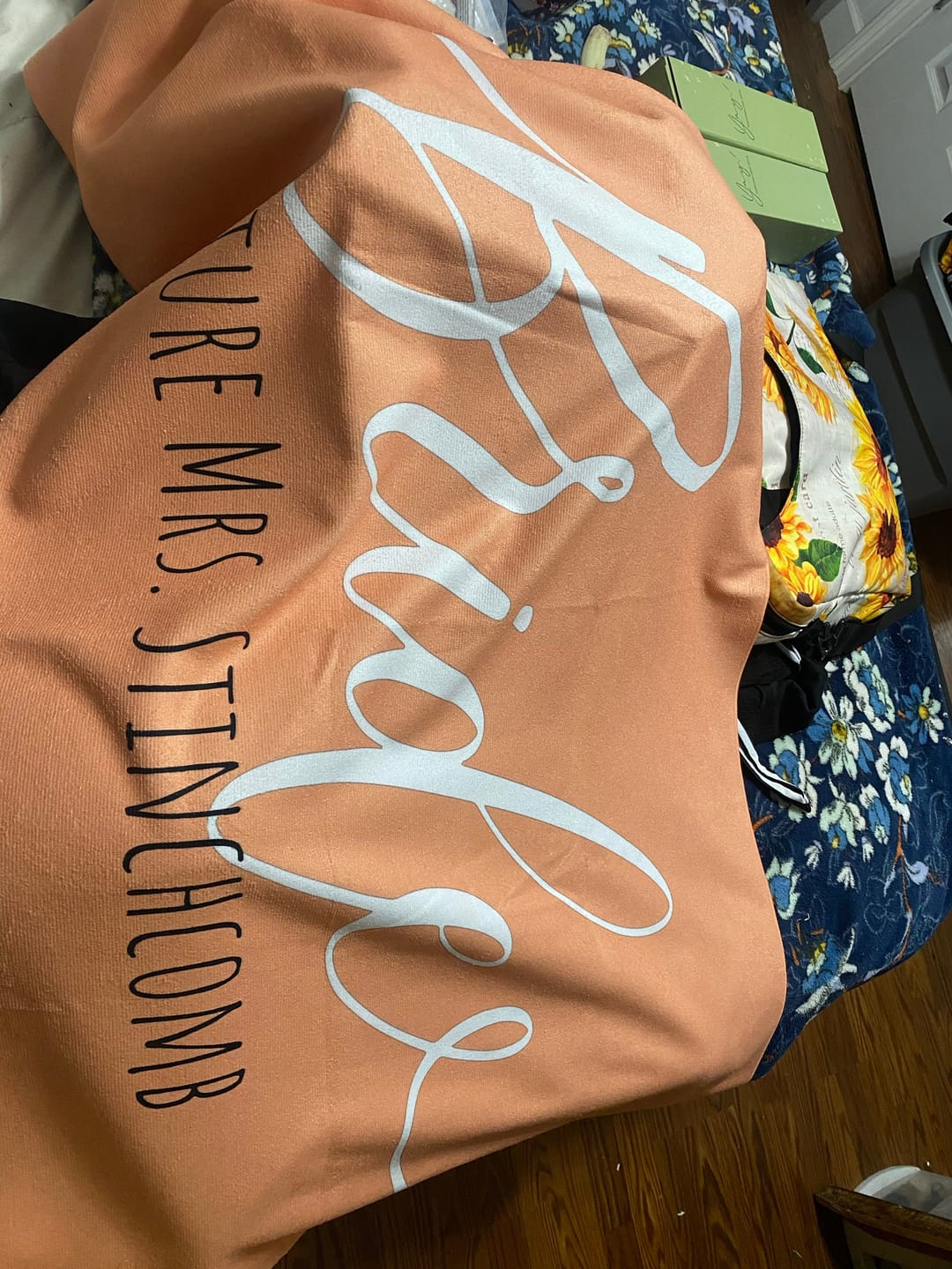 Customer photo review of Personalized Bride Beach Towel: Gold Confetti Honeymoon Gift
