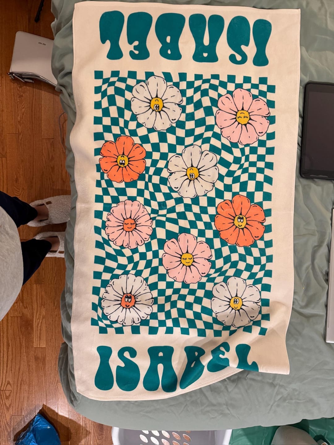Customer photo review of Retro Floral Personalized Beach Towel: Custom Name Vacation Gift