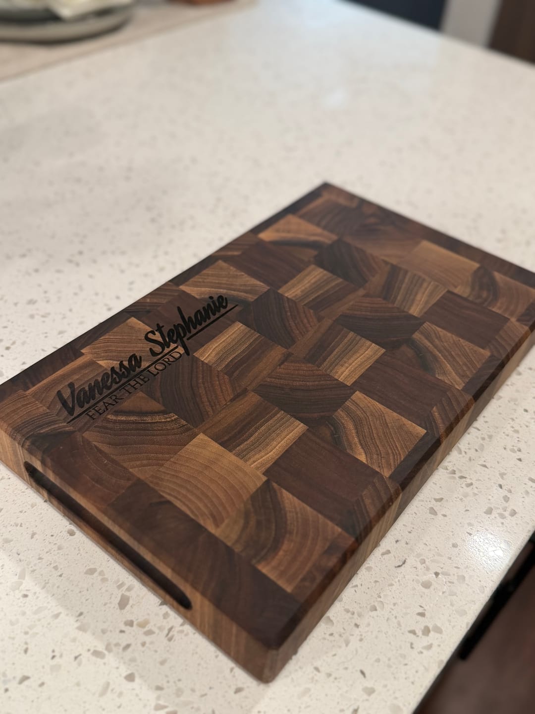 Customer photo review of Personalized Double-sided Walnut  End Grain Cutting Board