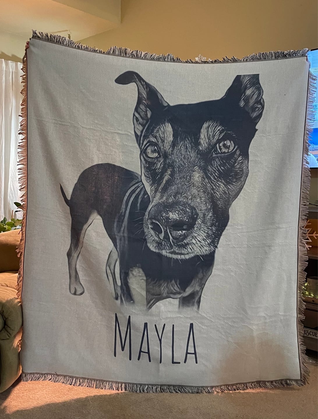 Customer photo review of Custom Pet Photo Tapestry Blanket: Woven Cotton Throw, Personalized Dog Gift