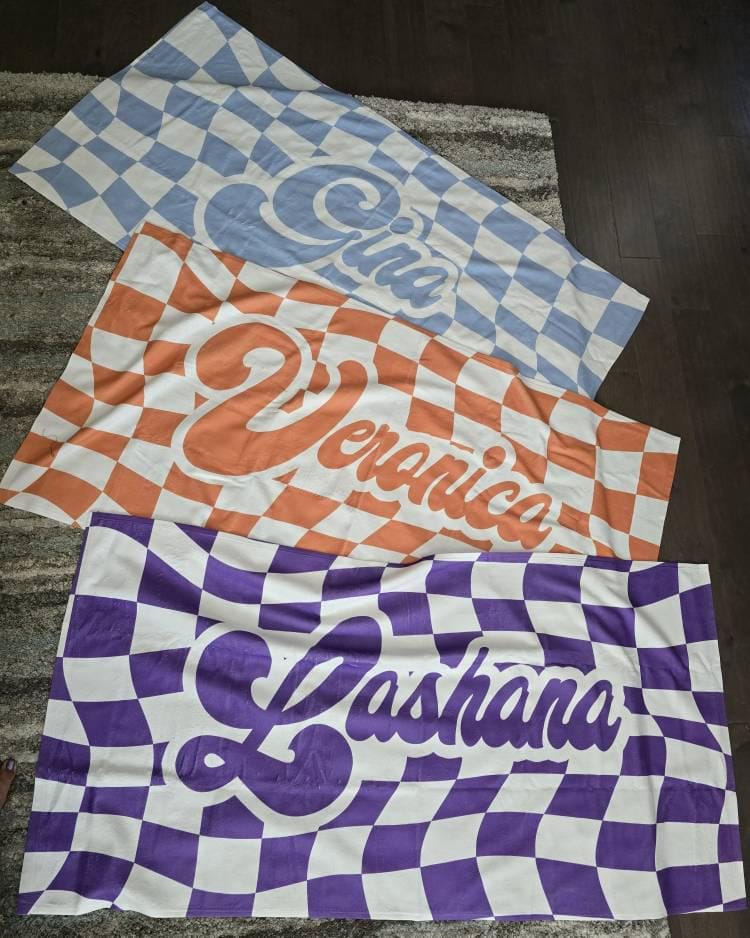 Customer photo review of Personalized Retro Checker Beach Towel: Custom Name Gift