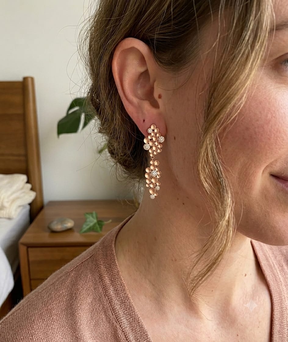 Customer photo review of Rose Gold Floral Cluster Drop Earrings, Sterling Silver with Pave CZ — Gift for Her