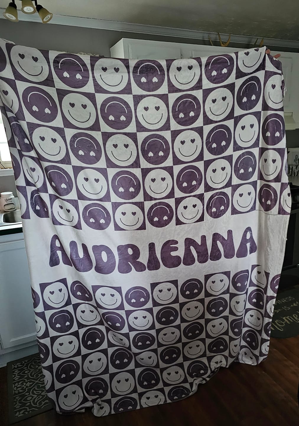Customer photo review of Personalized Happy Face Blanket: Vintage Style Minky or Sherpa