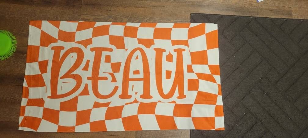 Customer photo review of Personalized Retro Checker Beach Towel: Custom Name Gift