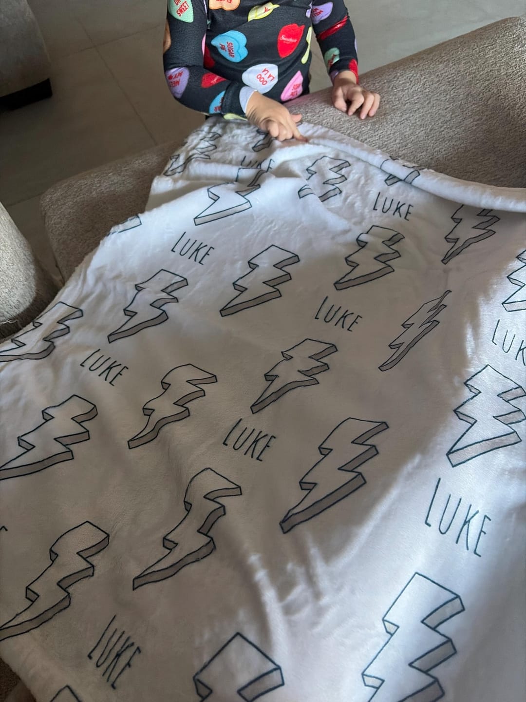 Customer photo review of Personalized Kids Blanket: Plush Minky or Sherpa, Lightning Bolt Design