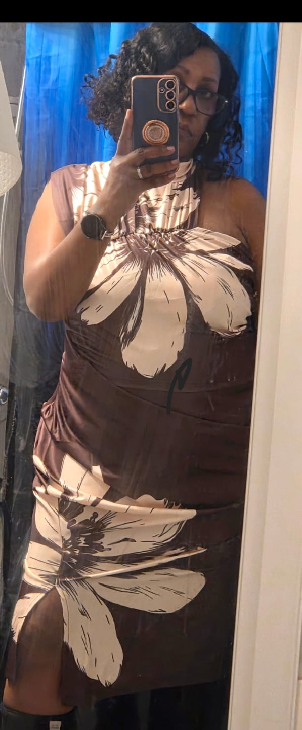 Customer photo review of Petal Art Print One-shoulder Draped Asymmetrical Midi Dress