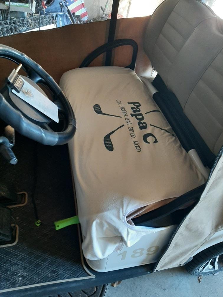 Customer photo review of Custom Golf Cart Seat Cover, Cloth, Handmade USA
