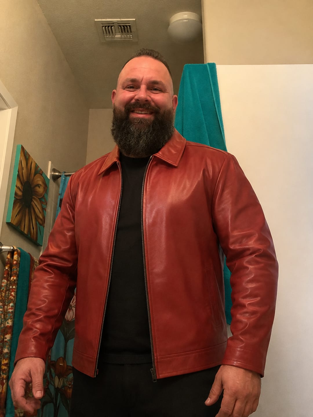 Customer photo review of Buster Brick Red Biker Style Leather Jacket For Men