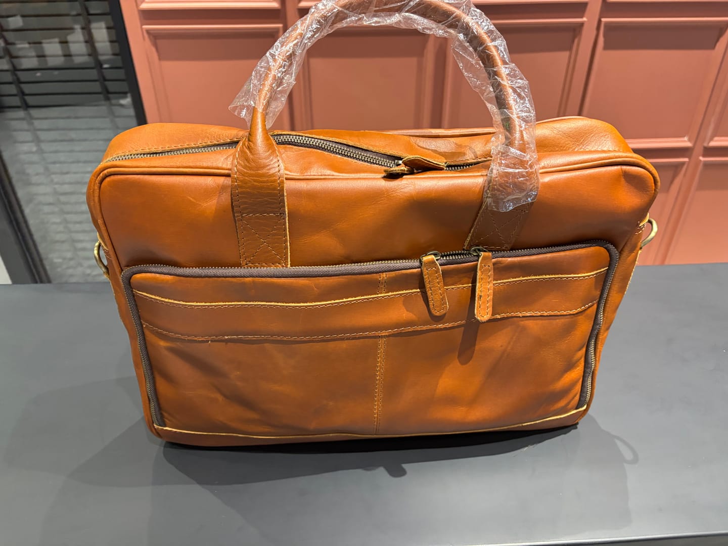 Customer photo review of Tan Leather Office Briefcase for Men and Women