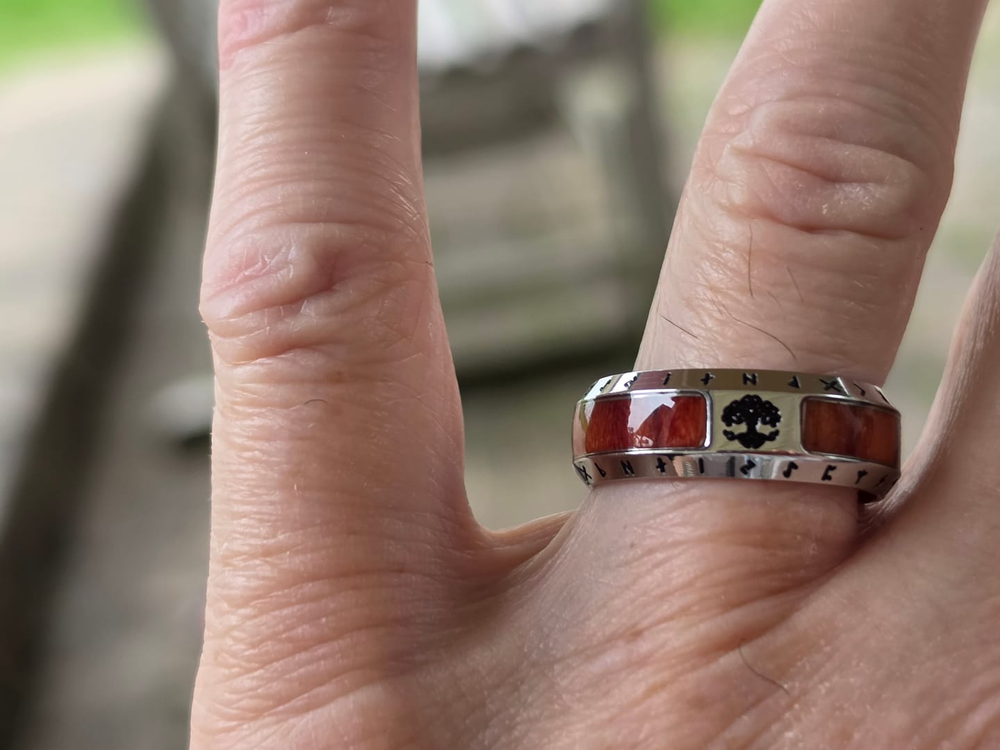 Customer photo review of Norse Viking Tree of Life Rune Wood Inlay Ring, S925 Silver Antiqued Multi-Color Unisex Couple Band
