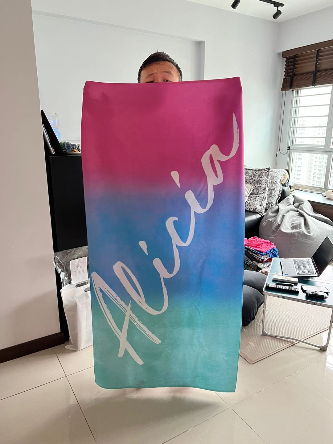 Customer photo review of Personalized Watercolor Beach Towel: Custom Name Script - 30x60