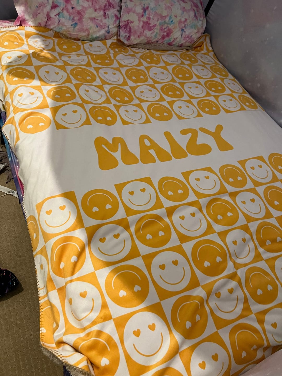 Customer photo review of Personalized Happy Face Blanket: Vintage Style Minky or Sherpa