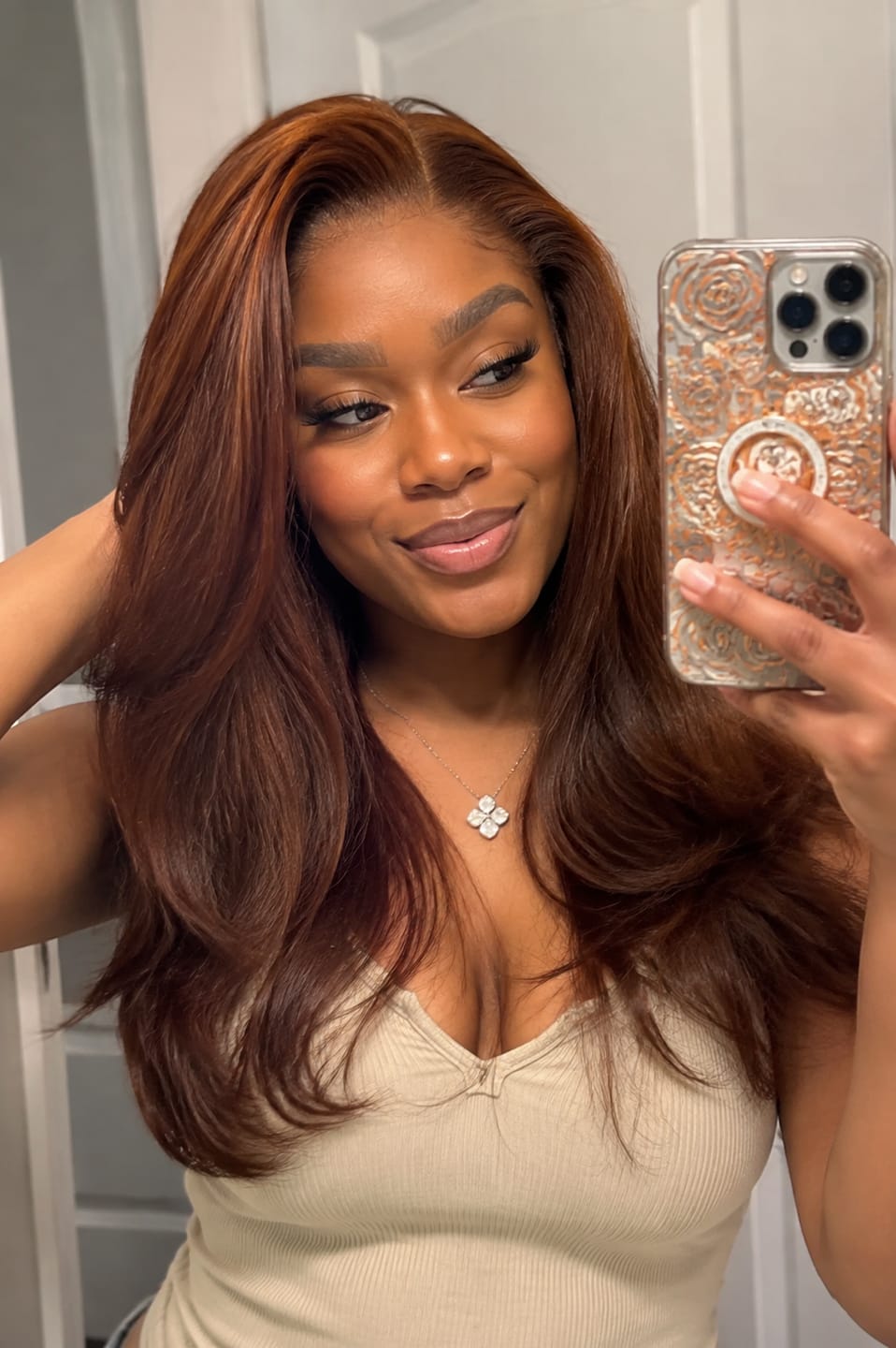 Customer photo review of Luvwin Auburn Brown Color Layered Texture Hair 13x4 Lace Frontal Wavy Wig