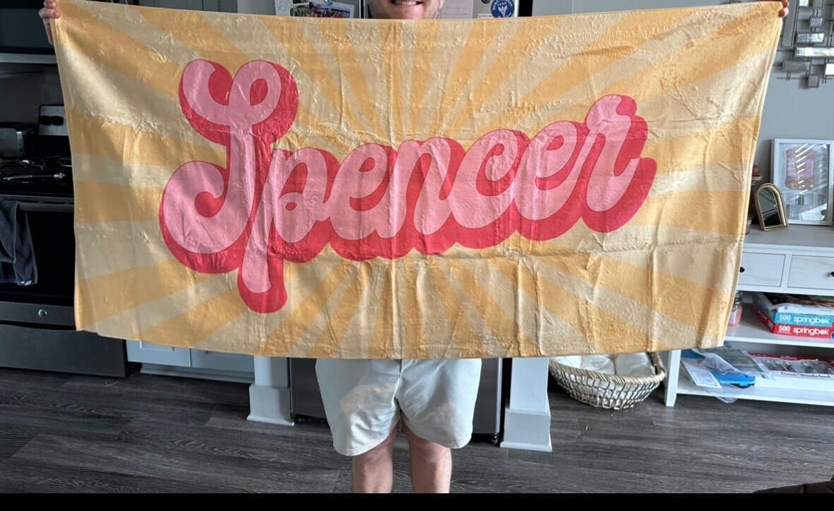 Customer photo review of Groovy Retro Personalized Beach Towel: Custom Name Bath & Vacation Gift