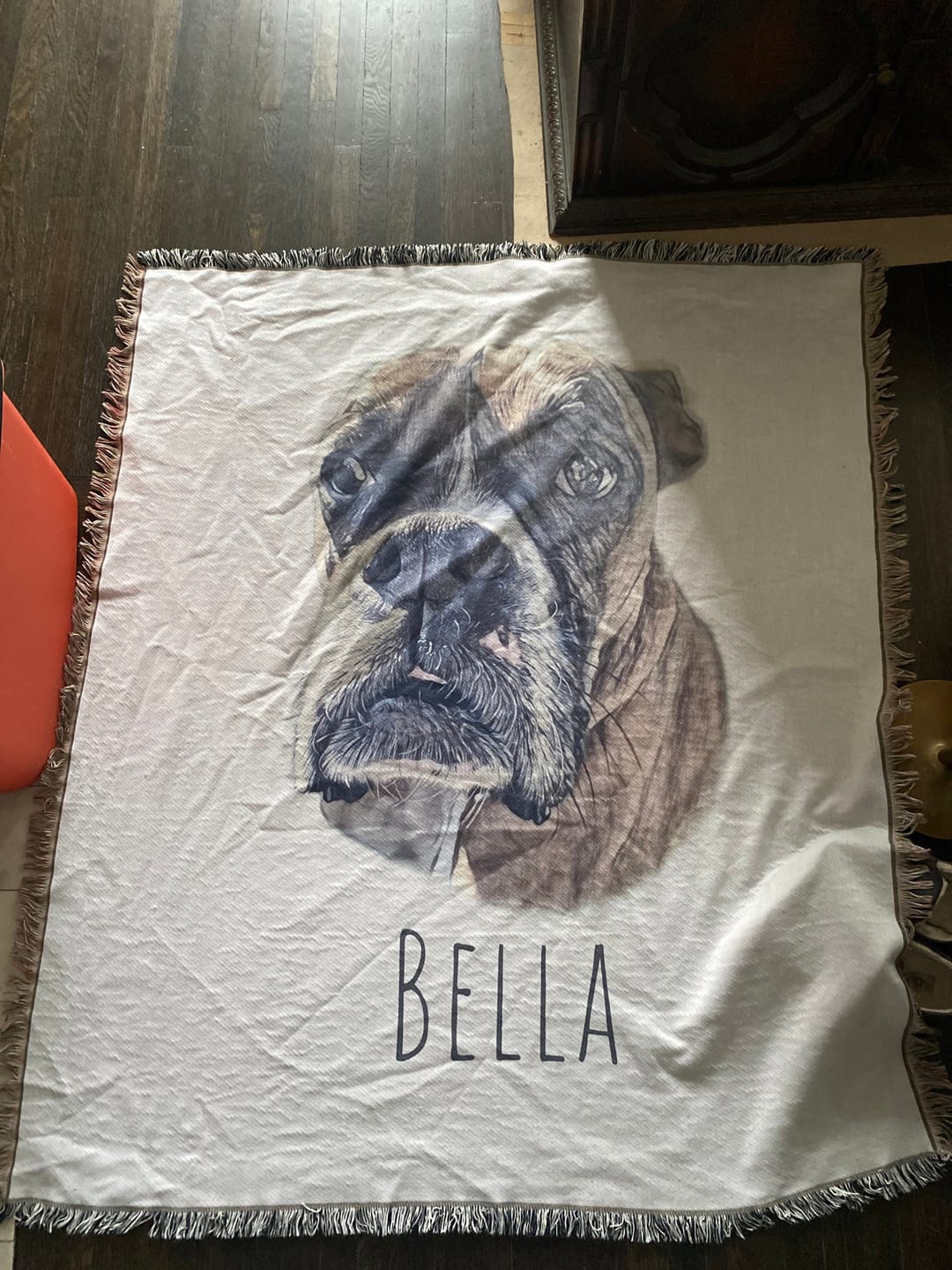 Customer photo review of Custom Pet Photo Tapestry Blanket: Woven Cotton Throw, Personalized Dog Gift