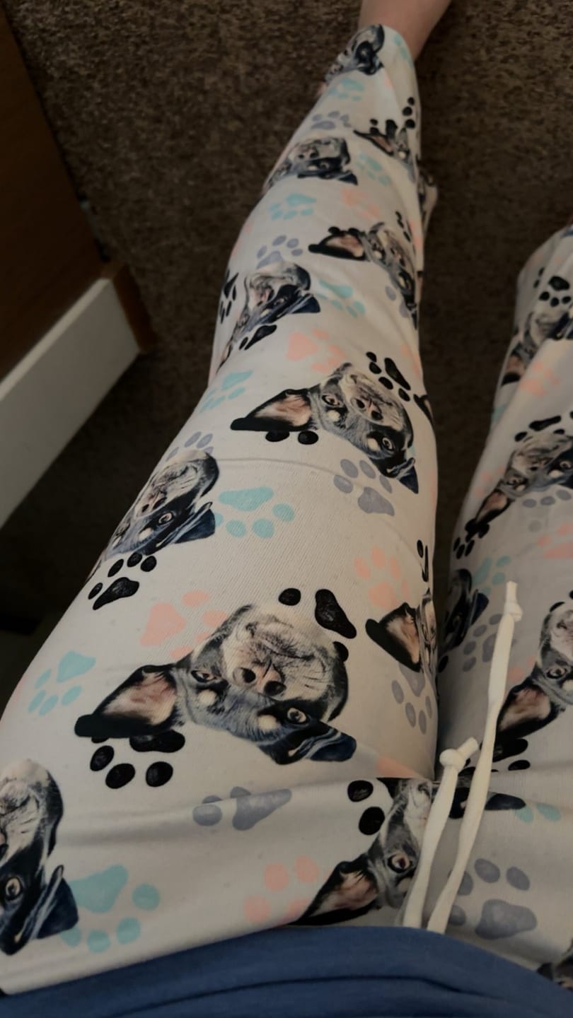 Customer photo review of Custom Paw Deaign Pet Portrait Pajama Pants: Personalized Dog or Cat Photo