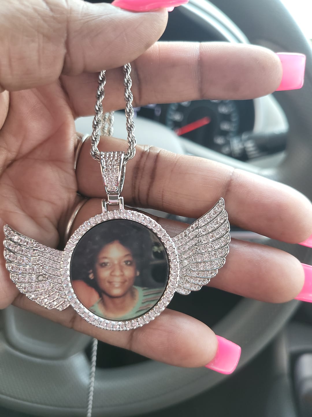 Customer photo review of Personalized Diamond Studded Colorful Rectangle Photo Necklace