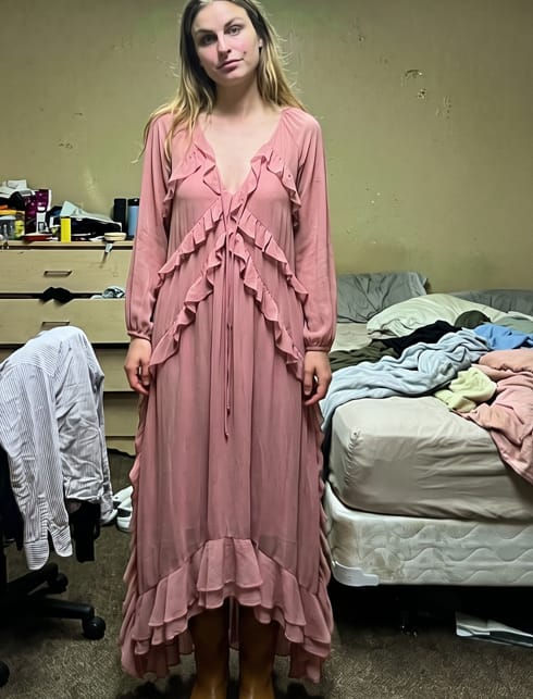 Customer photo review of Loretta Ruffle-Trim Bishop Sleeve Maxi Dress