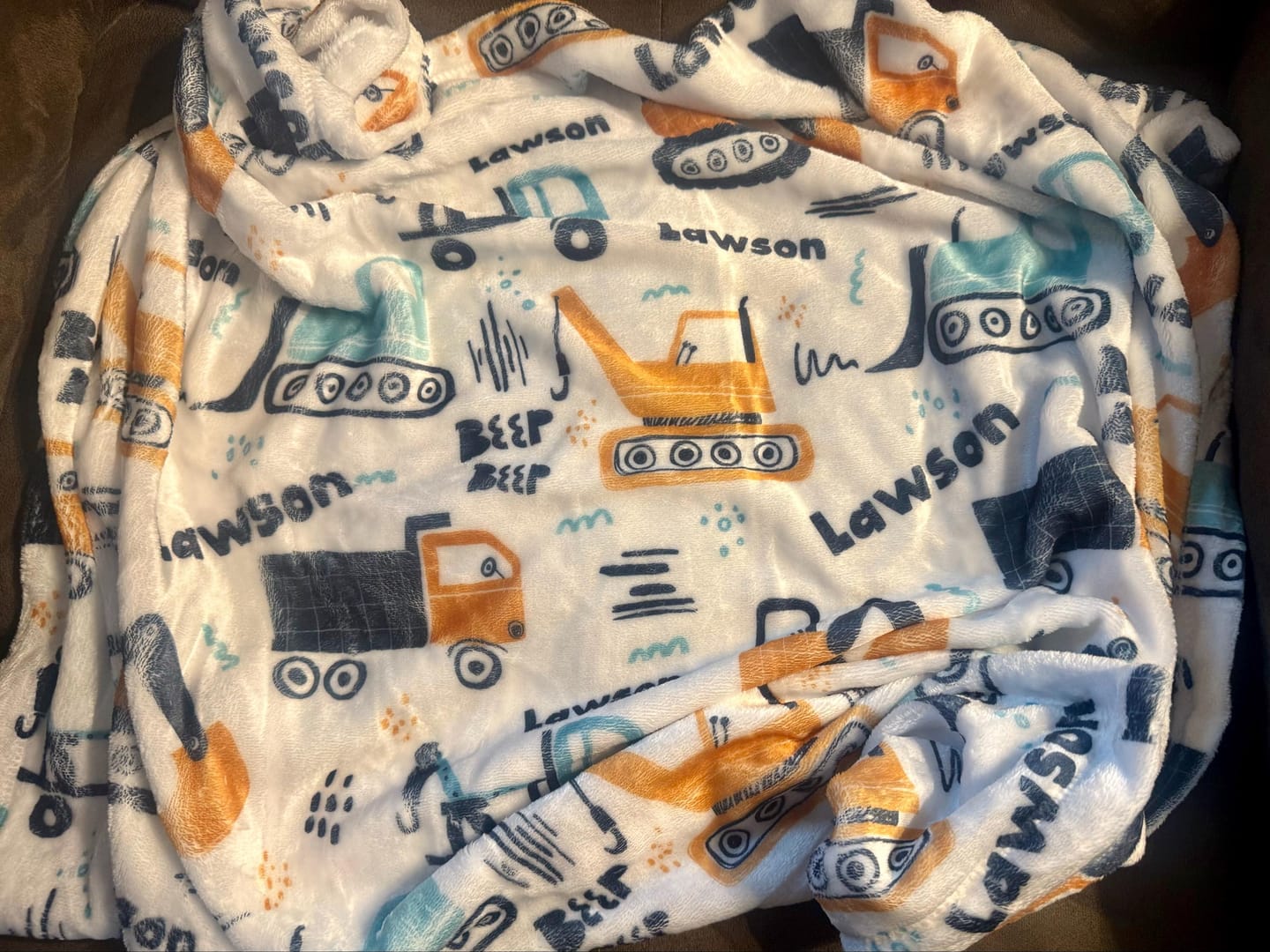 Customer photo review of Personalized Kids Construction Blanket – Custom Name Embroidered, Minky or Sherpa