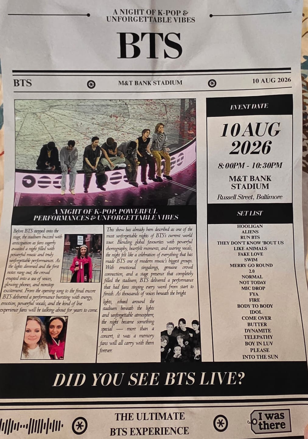 Customer photo review of BTS - Personalised Newspaper Style Concert Poster (USA Tour)