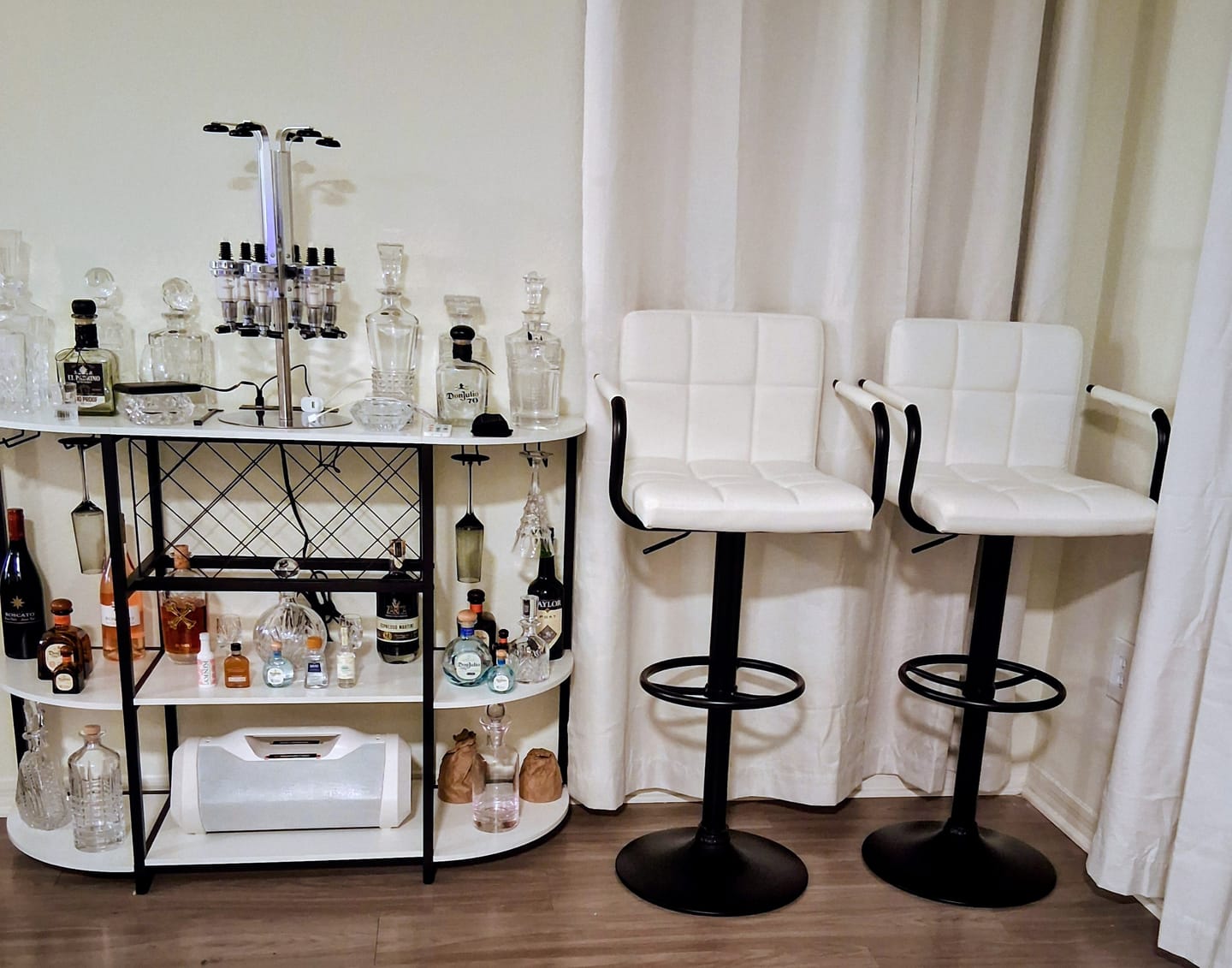Customer photo review of Adjustable Swivel Bar Stools with Square Back and Armrest (Set of 2)