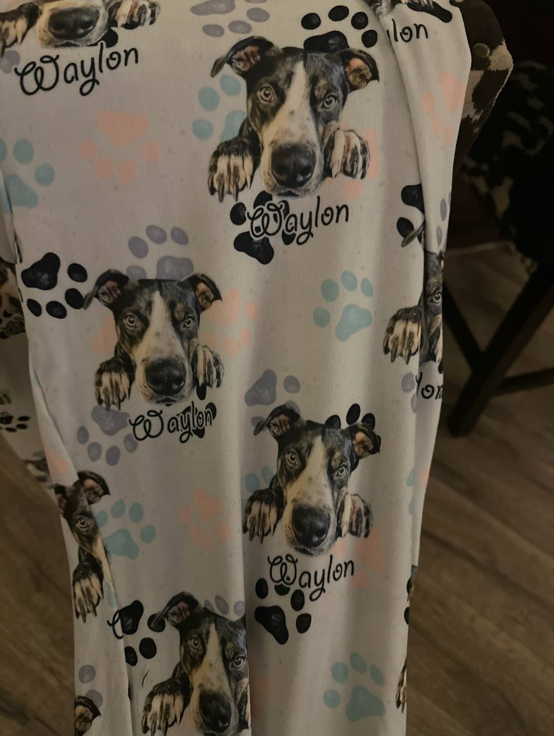 Customer photo review of Custom Paw Deaign Pet Portrait Pajama Pants: Personalized Dog or Cat Photo