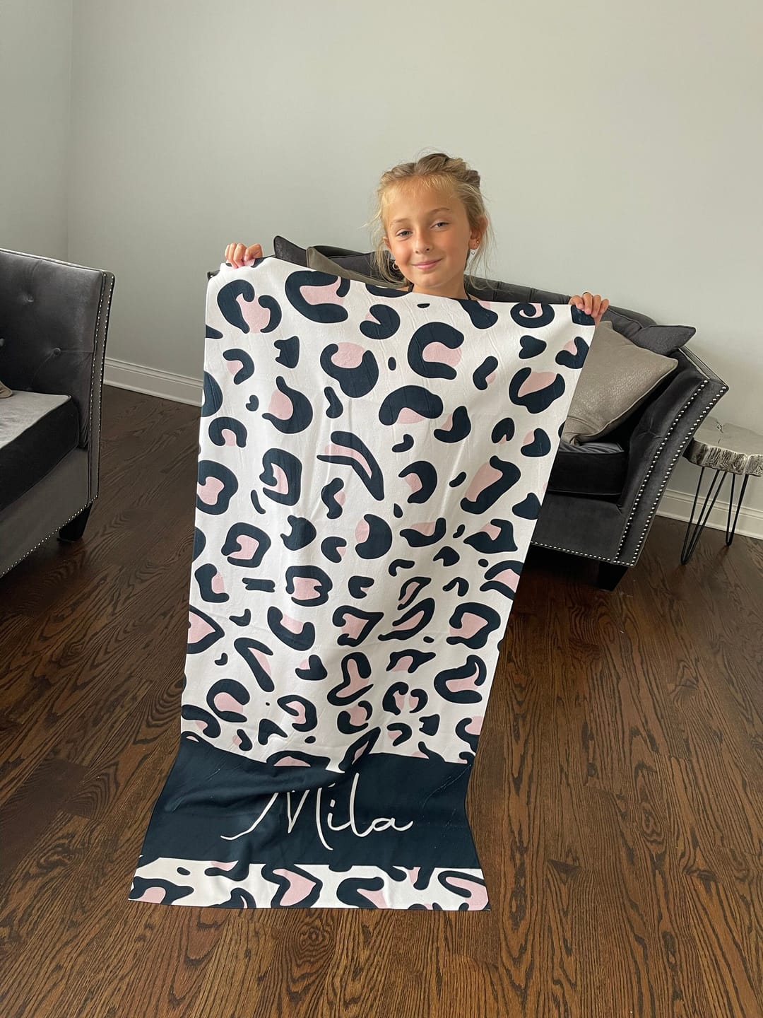 Customer photo review of Personalized Leopard Print Beach Towel: Custom Name Pool Towel