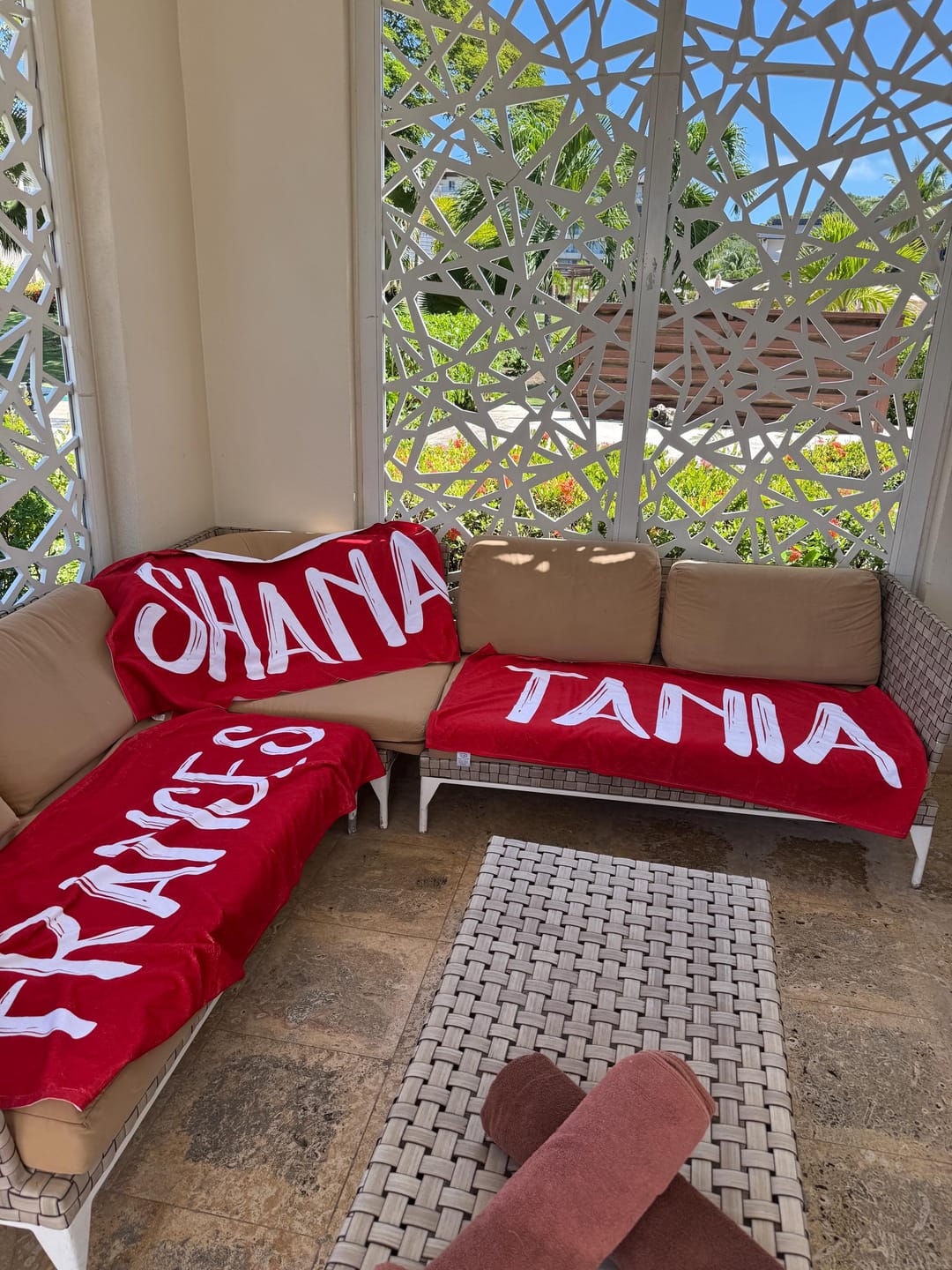 Customer photo review of Personalized Beach Towel: Bold Font Custom Name, Vacation Gift