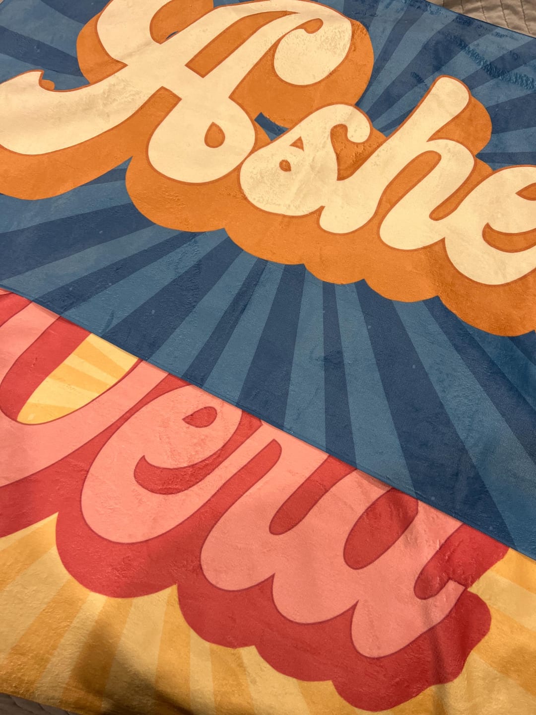 Customer photo review of Personalized Retro Beach Towel: Groovy Custom Name Bath Towel