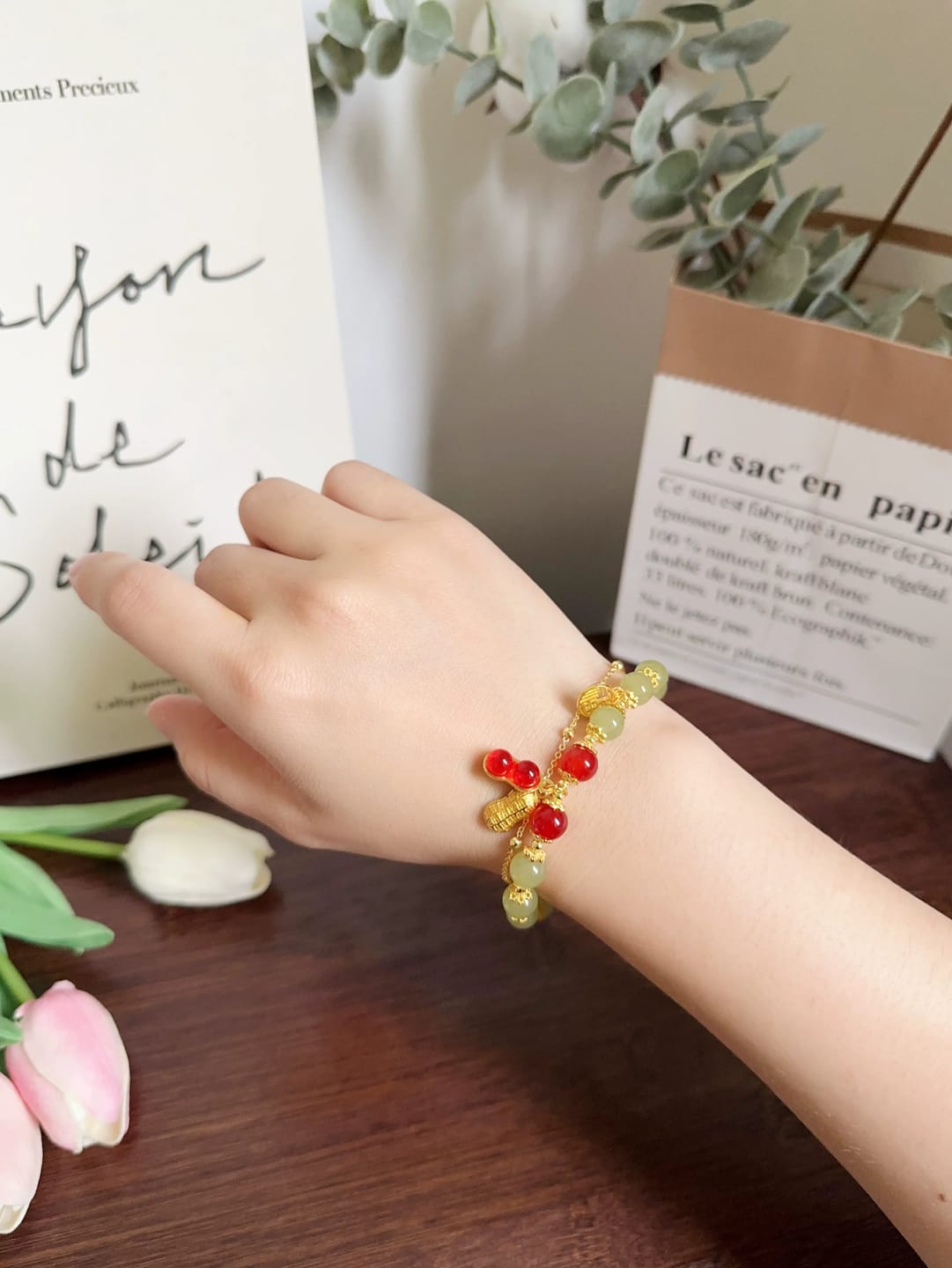 Customer photo review of FuAttract Good Fortune & Prosperity Hetian Jade Peanut Charm Double Layer Luck Bracelet