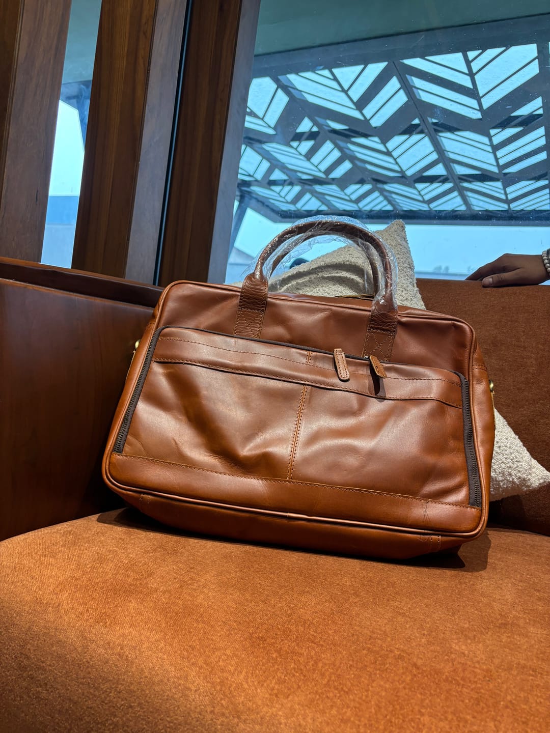 Customer photo review of Tan Leather Office Briefcase for Men and Women