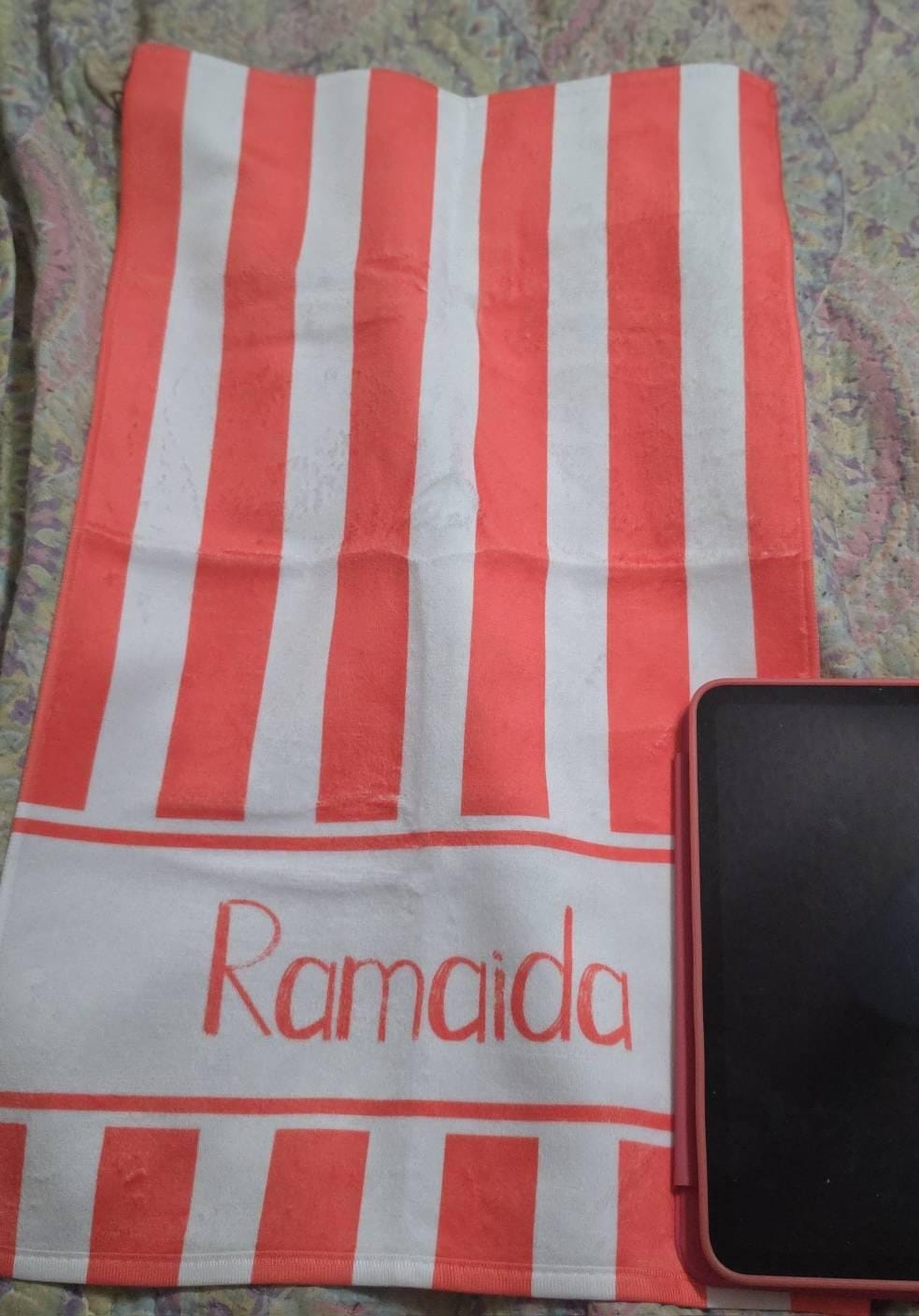 Customer photo review of Personalized Stripe Beach Towel: Custom Name Vacation Gift