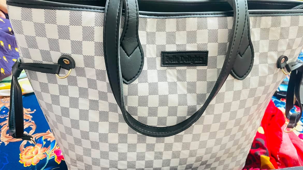 Customer photo review of Black checkered neverfull tote bag (Zip Closure)