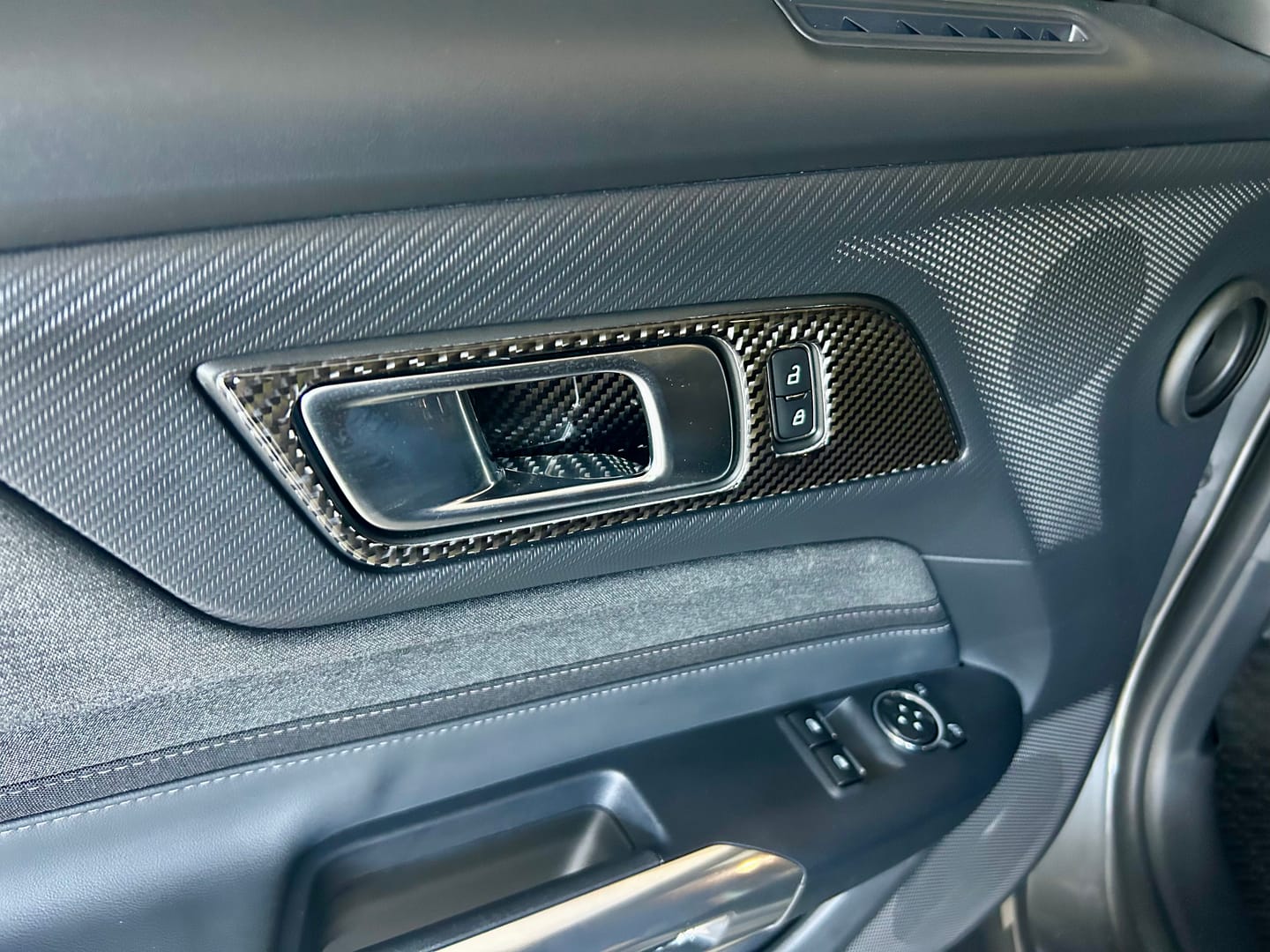 Customer photo review of Real Carbon Fiber Interior Door Handle Trim Overlay for 2024+ Ford Mustang