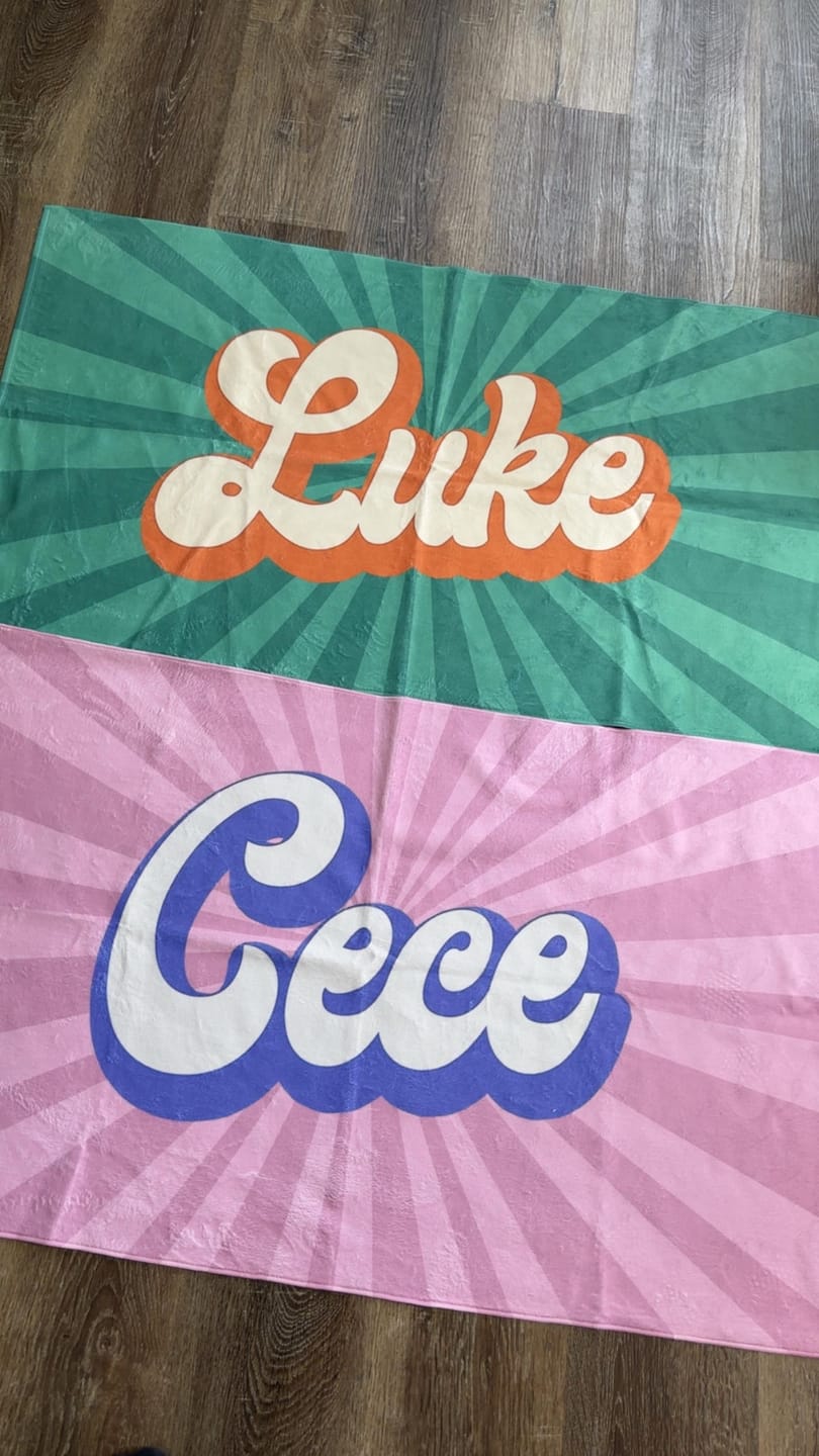 Customer photo review of Personalized Retro Beach Towel: Groovy Custom Name Bath Towel