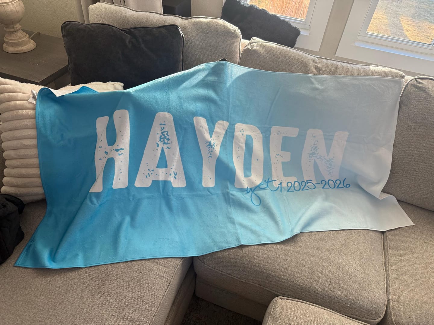 Customer photo review of Personalized Beach Towel: Bold Font Custom Name Pool Towel