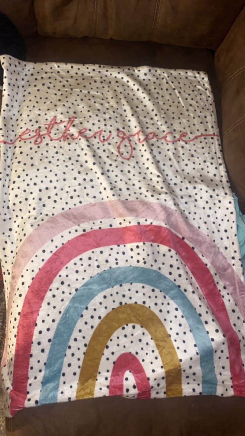 Customer photo review of Personalized Rainbow Baby Blanket: Plush Minky or Sherpa, Custom Name