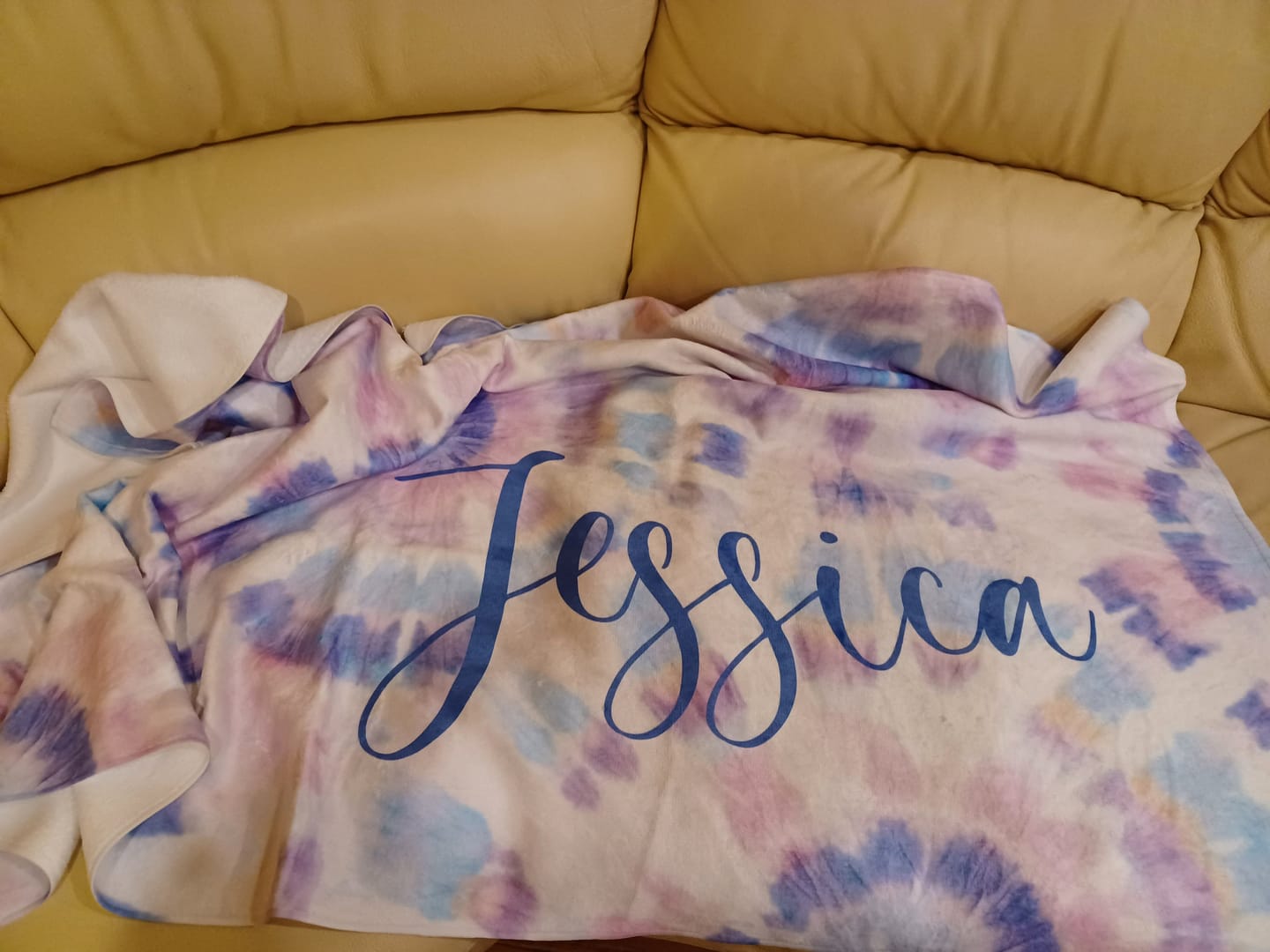 Customer photo review of Personalized Tie Dye Beach Towel: Custom Name Pool Towel
