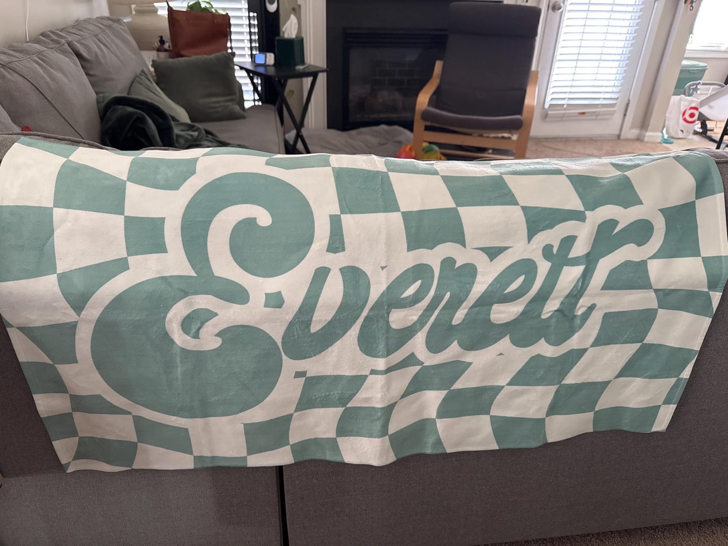Customer photo review of Personalized Retro Checker Beach Towel: Custom Name Gift