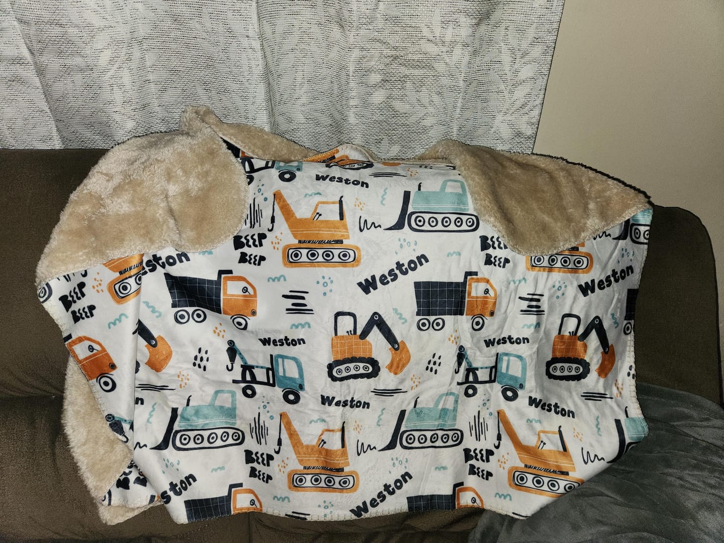 Customer photo review of Personalized Kids Construction Blanket – Custom Name Embroidered, Minky or Sherpa