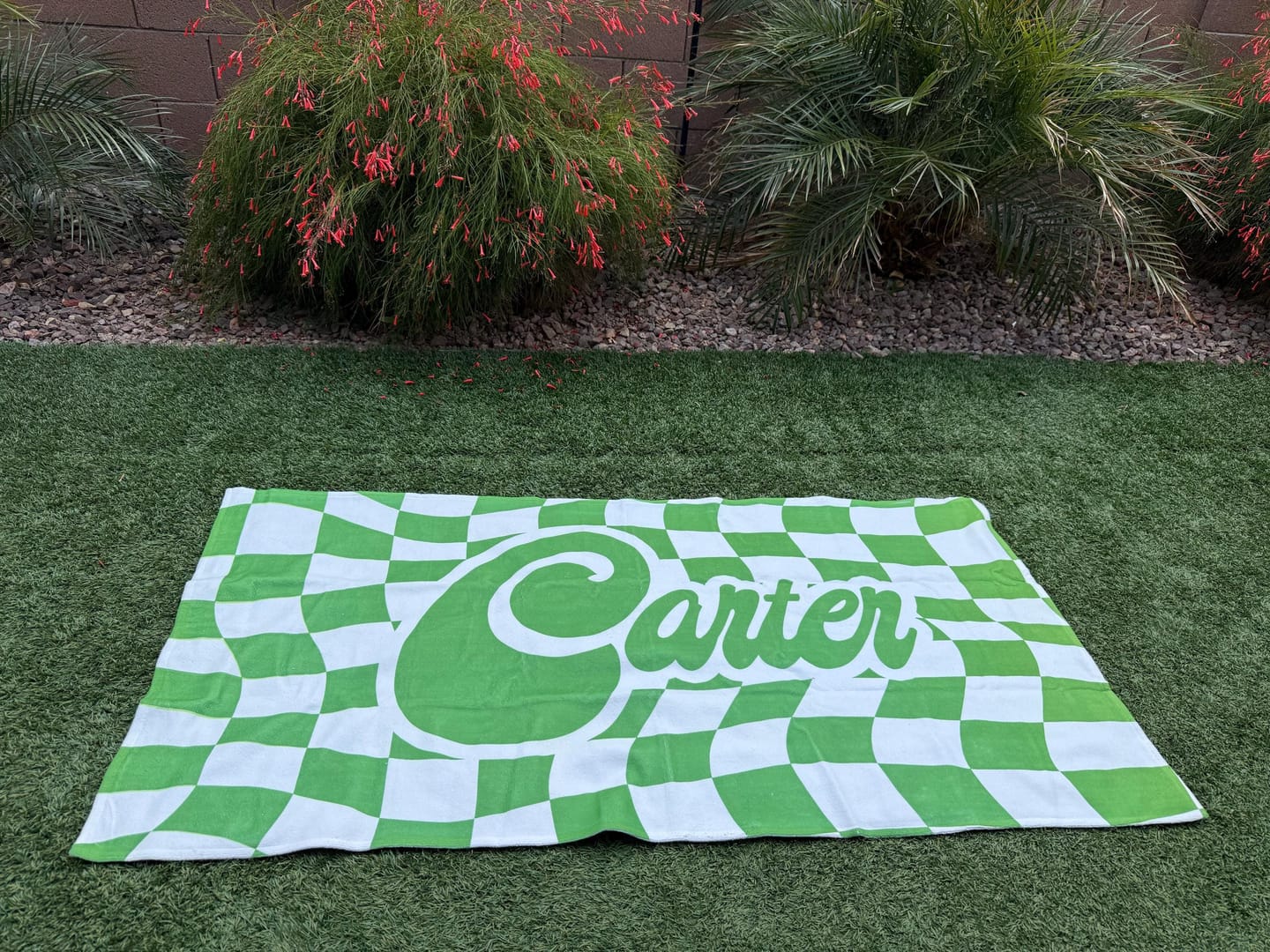 Customer photo review of Personalized Retro Checker Beach Towel: Custom Name Gift