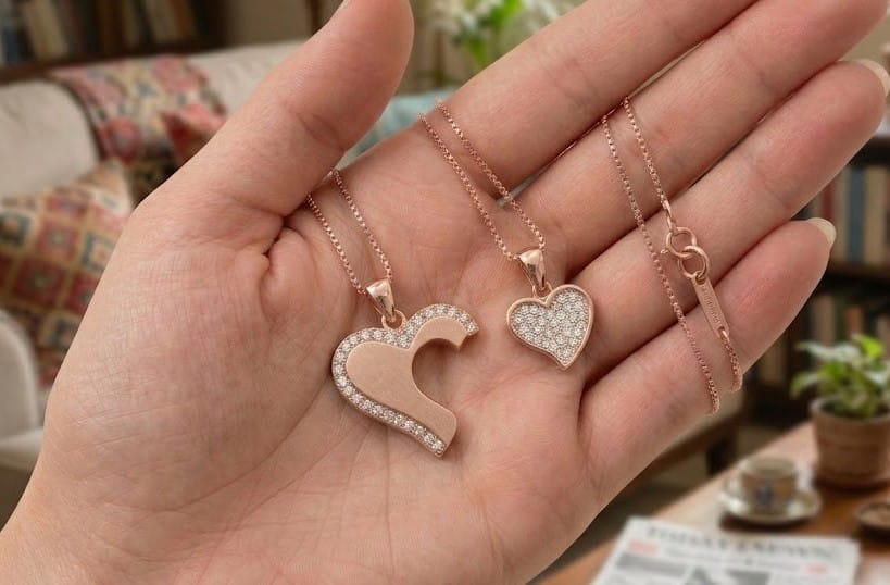 Customer photo review of Couple Necklace Set, Interlocking Puzzle Heart Pendants, 925 Sterling Silver, Long Distance Relationship Gift
