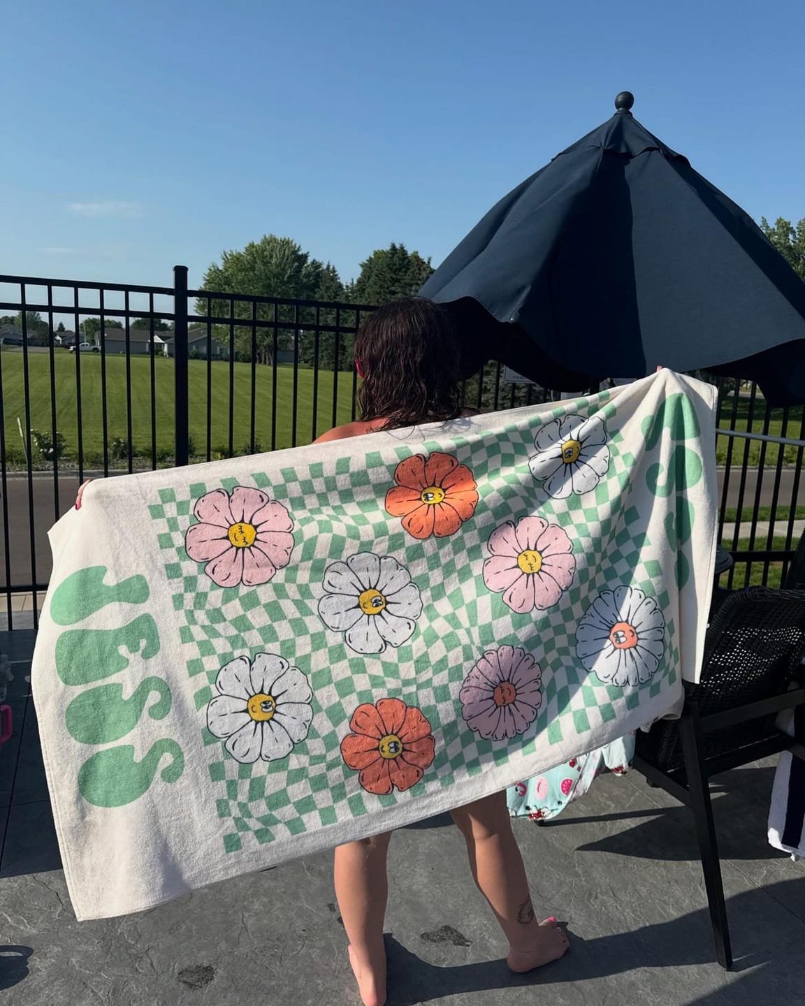 Customer photo review of Retro Floral Personalized Beach Towel: Custom Name Vacation Gift