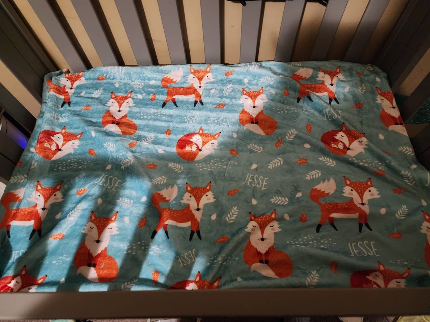 Customer photo review of Fox Pattern Personalized Blanket: Minky or Sherpa Baby Blanket