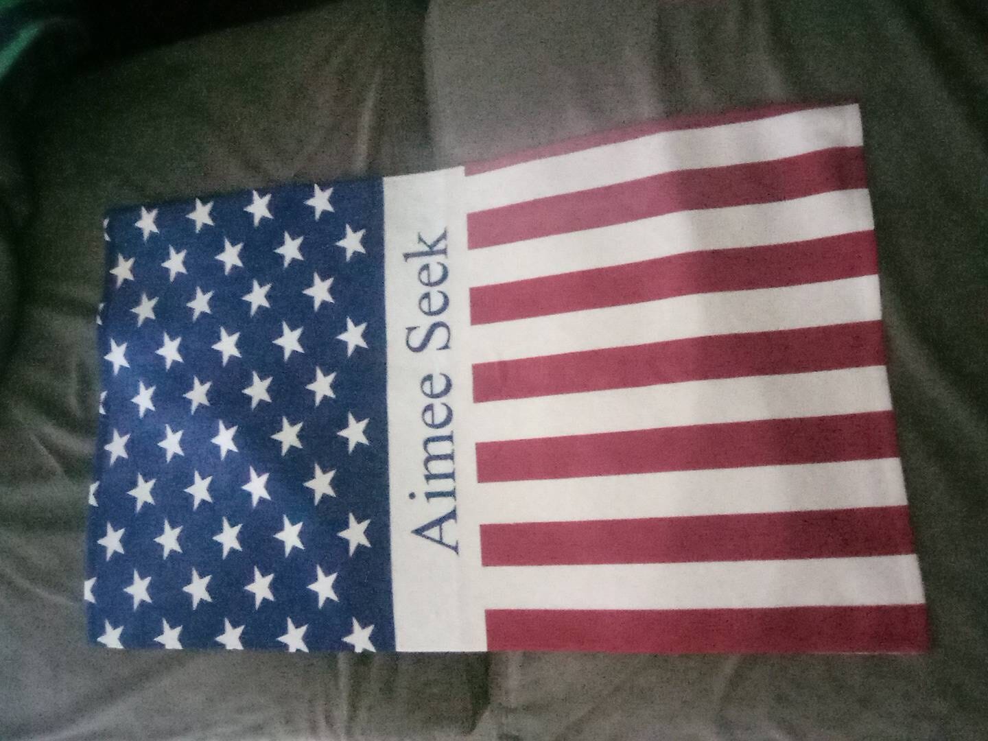 Customer photo review of Personalized US Flag Beach Towel: Custom Name, Patriotic Gift